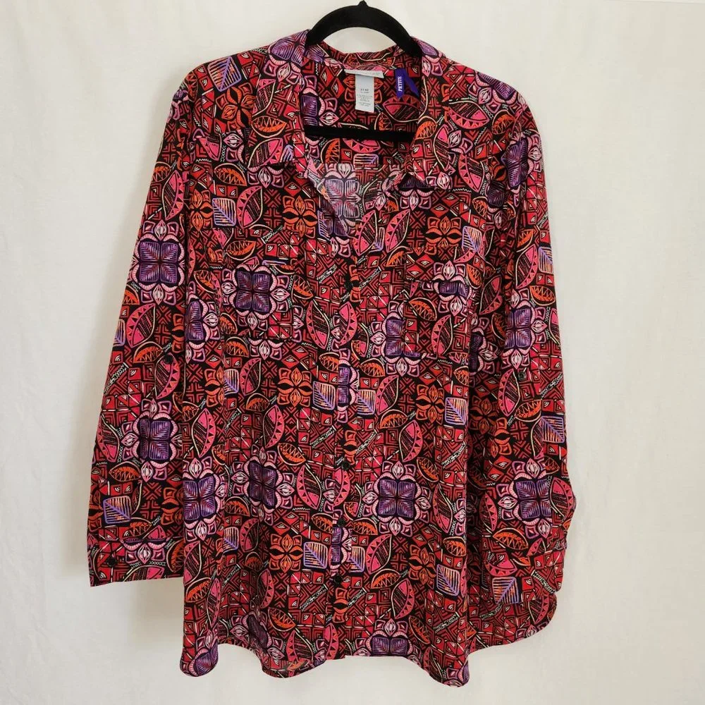 CATHERINES Multicolor AbstractPrint Full Button Down Shirt PLUS PETITE Size 3XWP - Picture 3 of 14